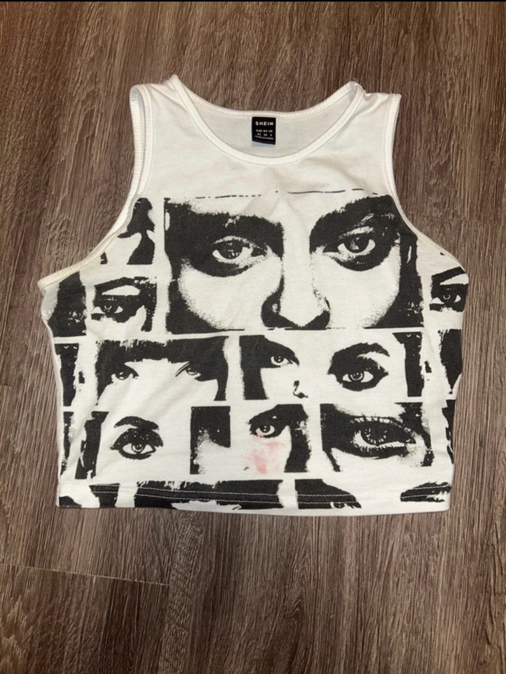 SHEIN White Crop Tank Top with Black Eye Collage Print